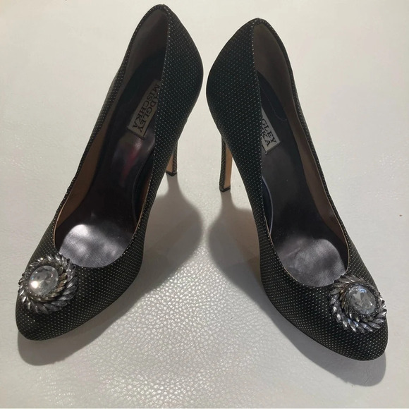 BADGLEY MISCHKA Sz 10 Jewelled Diamond Toe Cap Gold Specs 5”  Heels Pumps - Picture 1 of 13